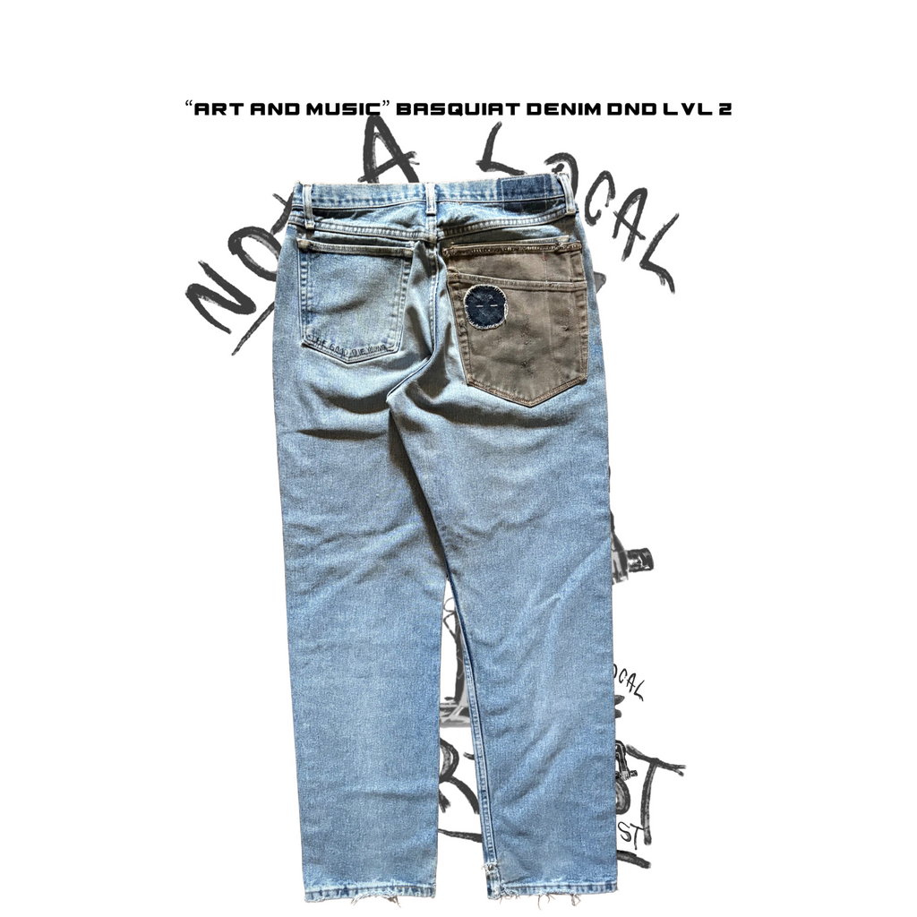 Light blue denim jeans with a worn-in look on a white background, featuring text and branding.