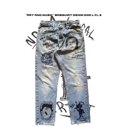 Denim pants with artistic designs and text on a white background